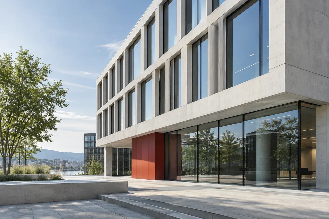 Moderne Architektur mit klaren Linien, Glas und einem roten Fassadenelement